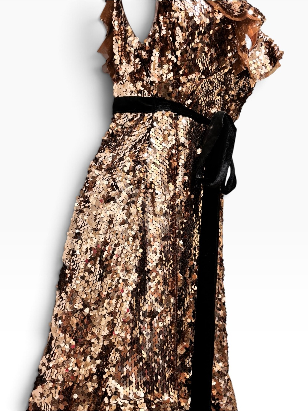 Free People Bronze Sequin Ruffle Mini Dress Velvet Belt Size 6 - Picture 3 of 9